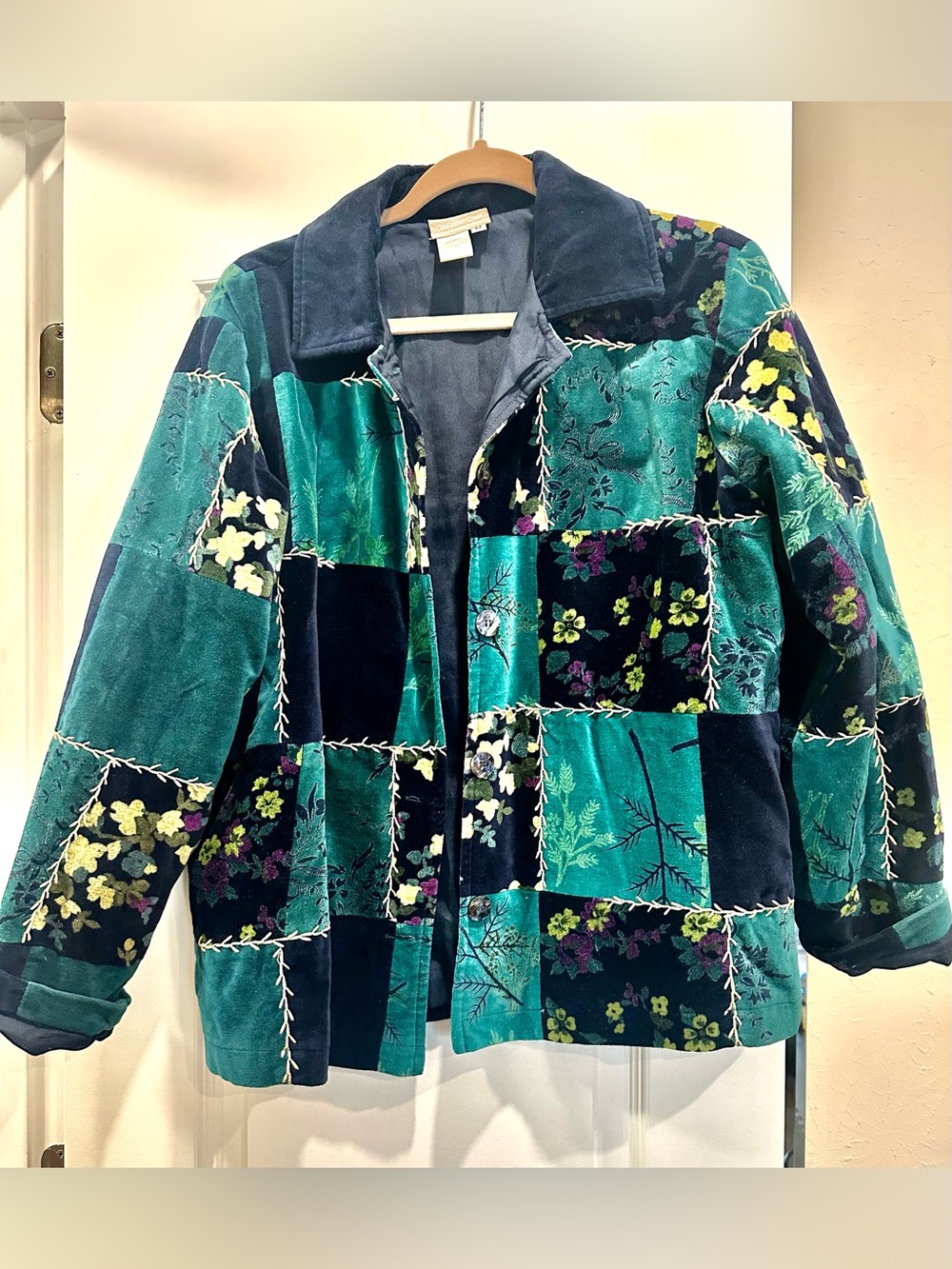 Coldwater Creek Teal & Navy Patchwork Velvet Bomber Jacket